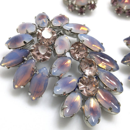 Twin Faux Opal Rhinestone Brooches & Earrings, Rhodium Plated, 1960s Vintage Jewelry