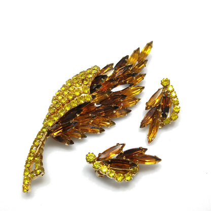 Yellow Topaz Rhinestones Brooch & Earrings, Gold Plated, 1960s Vintage Jewelry