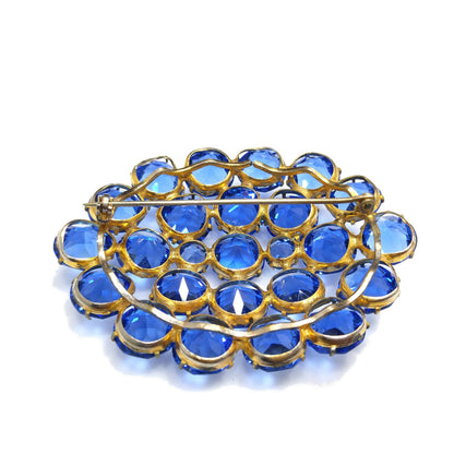Art Deco Czech Blue Brooch, Open Back Glass Rhinestones, 1940s Vintage Jewelry