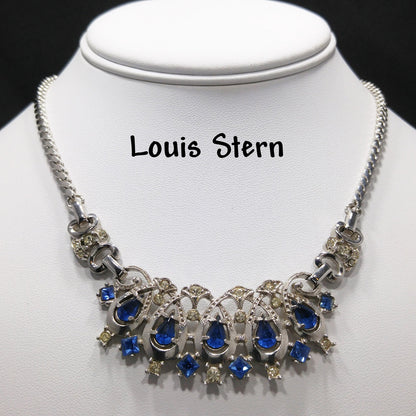 Lustern Blue Rhinestone Silver Tone Necklace, Louis Stern Gold Plated, 1940s Vintage Jewelry