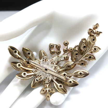 Red Rhinestone Floral Spray Brooch, Gold Plated, 1950s Vintage Jewelry