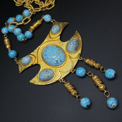 Vendome Pendant Necklace, Gold Plated, Faux Glass Turquoise, 1960s Vintage Jewelry