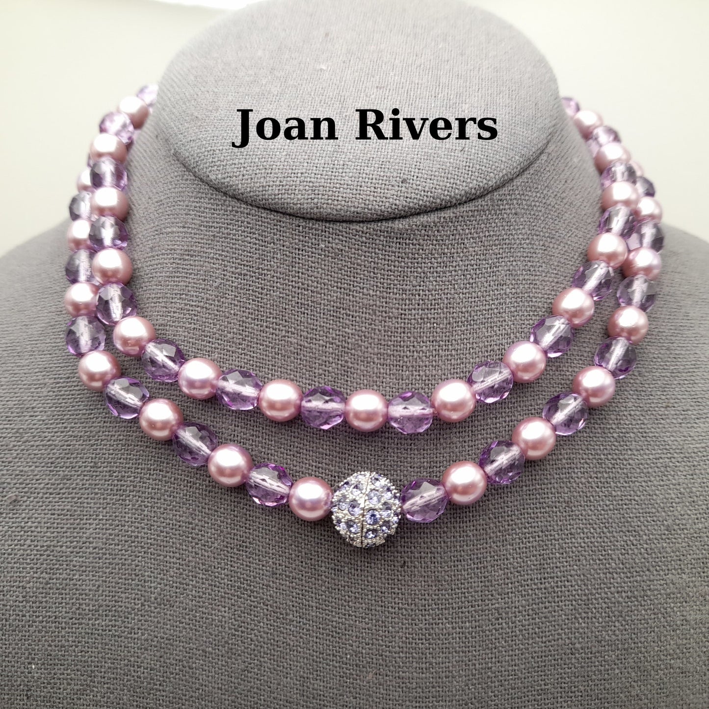 Vintage Joan Rivers Lavender Glass Pearls Crystal Beaded Necklace, Rhinestone Screw Clasp