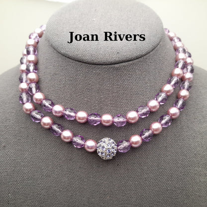 Vintage Joan Rivers Lavender Glass Pearls Crystal Beaded Necklace, Rhinestone Screw Clasp