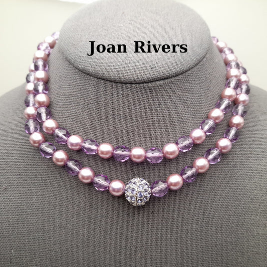 Vintage Joan Rivers Lavender Glass Pearls Crystal Beaded Necklace, Rhinestone Screw Clasp