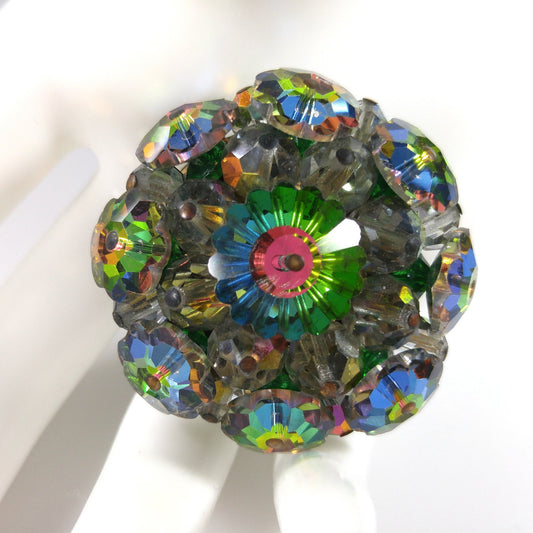 Margarita Rhinestone Round Brooch, Green Pink Blue Floral Crystals, 1960s Vintage Jewelry