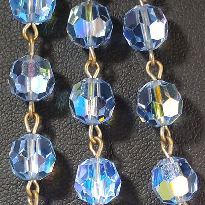 Blue Austrian Crystal Beaded Necklace, Long Rosary Style, 1960s Vintage Jewelry