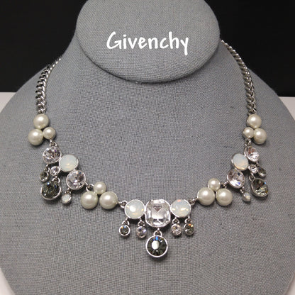 Vintage Givenchy Faux Pearl Rhinestone Necklace, Rhodium Plated, 1990s Jewelry