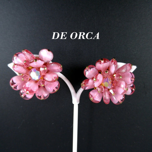 Vintage DE ORCA Pink Glass Floral Clip Earrings – Aurora Borealis 1950s Costume Jewelry