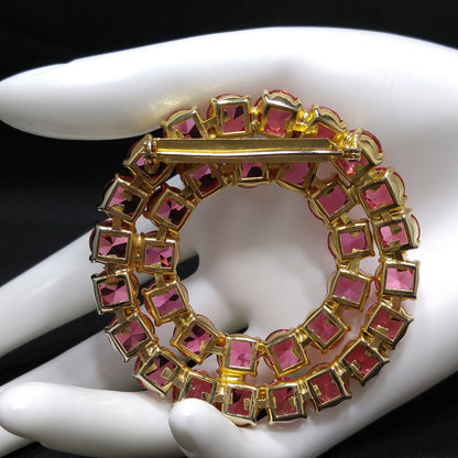Pink Rhinestone Round Brooch, Gold Plated, Open Back Stones, 1960s Vintage Jewelry