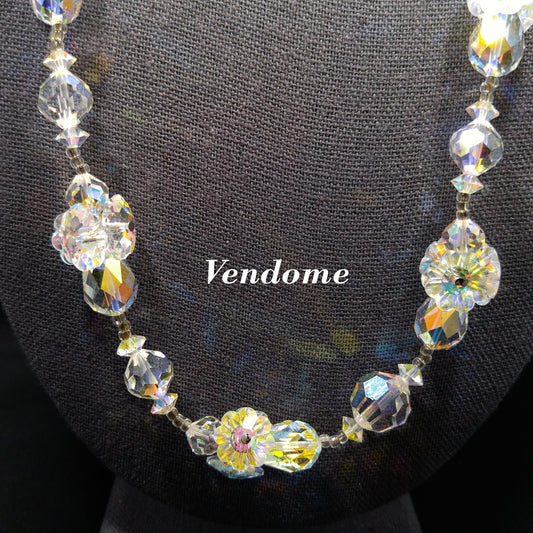 Vendome Flower Margarita Beaded Necklace, Aurora Borealis Clear Crystal Beads, 1960s Vintage Jewelry