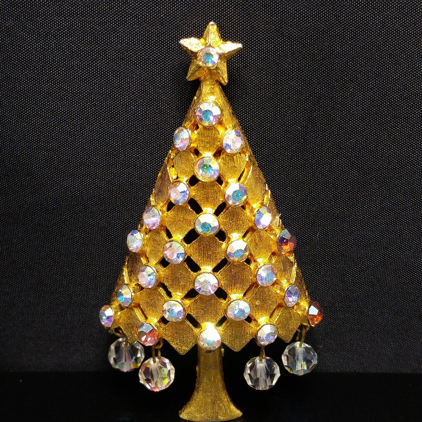Vintage MYLU Christmas Tree Brooch – AB Rhinestones, Dangling Crystals, 1960s