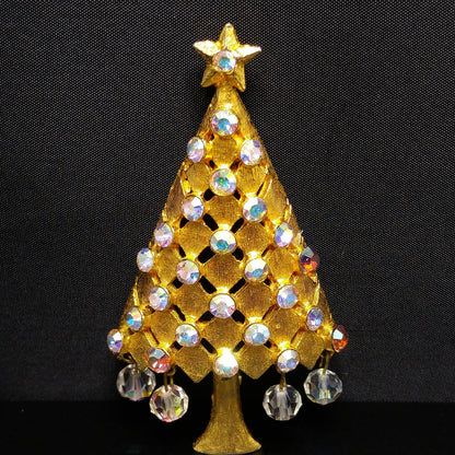Vintage MYLU Christmas Tree Brooch – AB Rhinestones, Dangling Crystals, 1960s