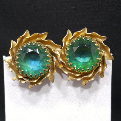Mid-Century Green Rhinestone Two Flower Brooch, Gold Plated, 1950s Vintage Jewelry