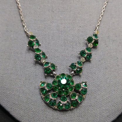 Bogoff Green Rhinestone Pendant Choker Necklace, Rhodium Plated, 1940s Vintage Jewelry