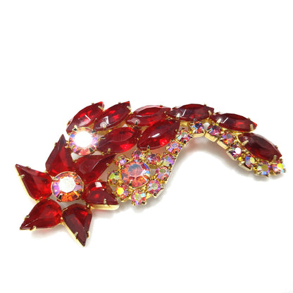 Red Rhinestone Floral Brooch, Juliana Style, 1960s Vintage Jewelry