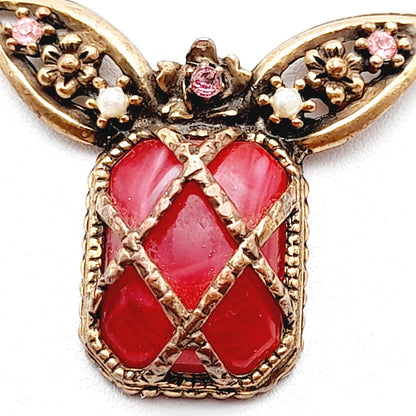 Vintage 1920s Red Thermoset Rhinestone Pendant Necklace, Art Deco, Pot Metal