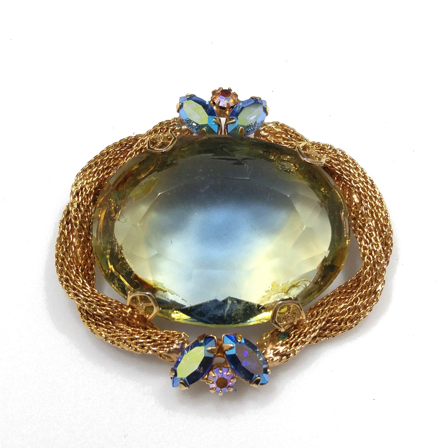 Large Glass Mesh Frame Brooch & Pendant, Gold Plated, 1960s Vintage Jewelry