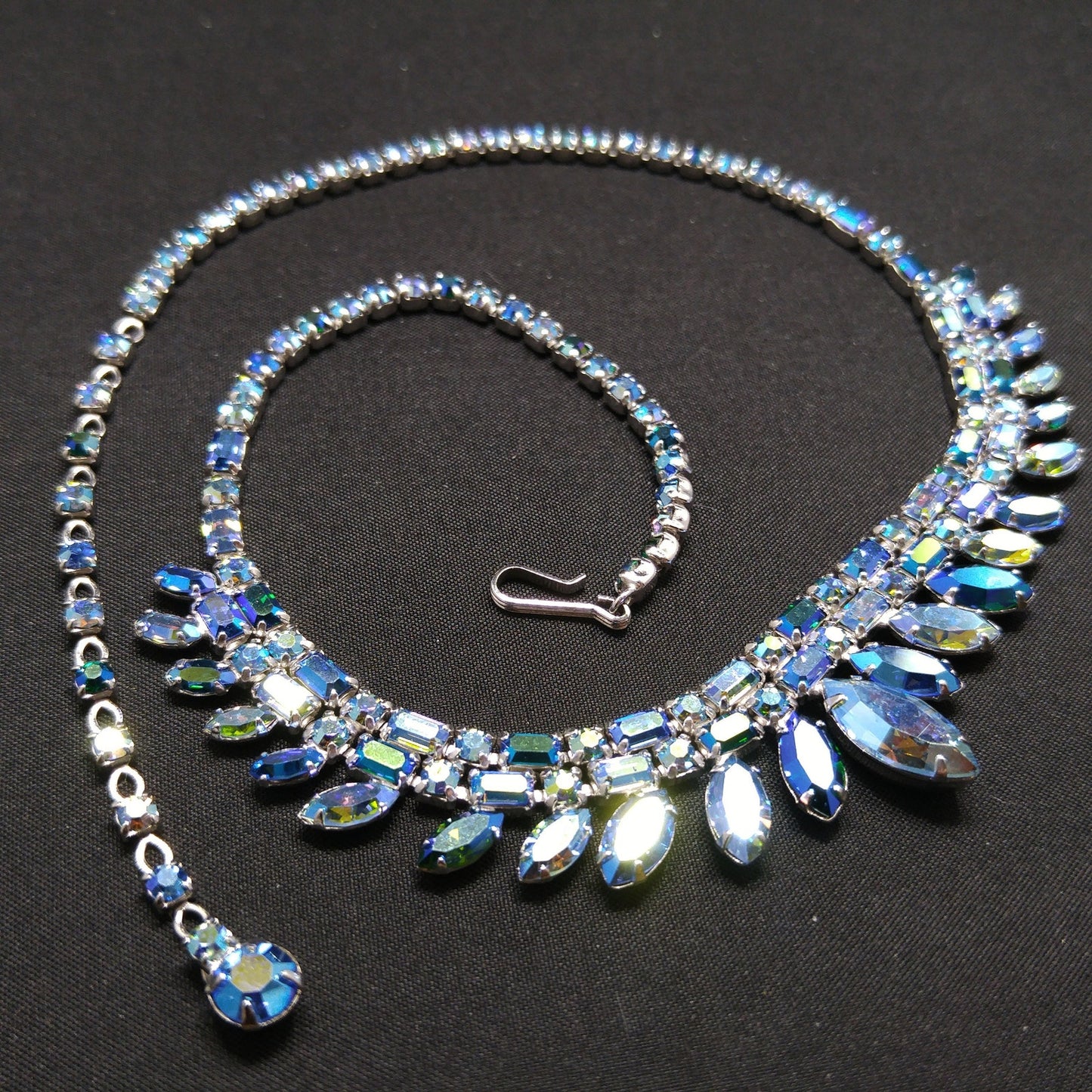 Sherman 1950s–60s Blue Aurora Borealis Rhinestone Necklace | Rhodium Plated Mid-Century Statement Collar