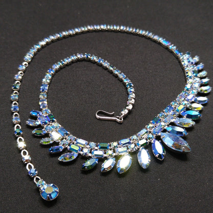 Sherman 1950s–60s Blue Aurora Borealis Rhinestone Necklace | Rhodium Plated Mid-Century Statement Collar
