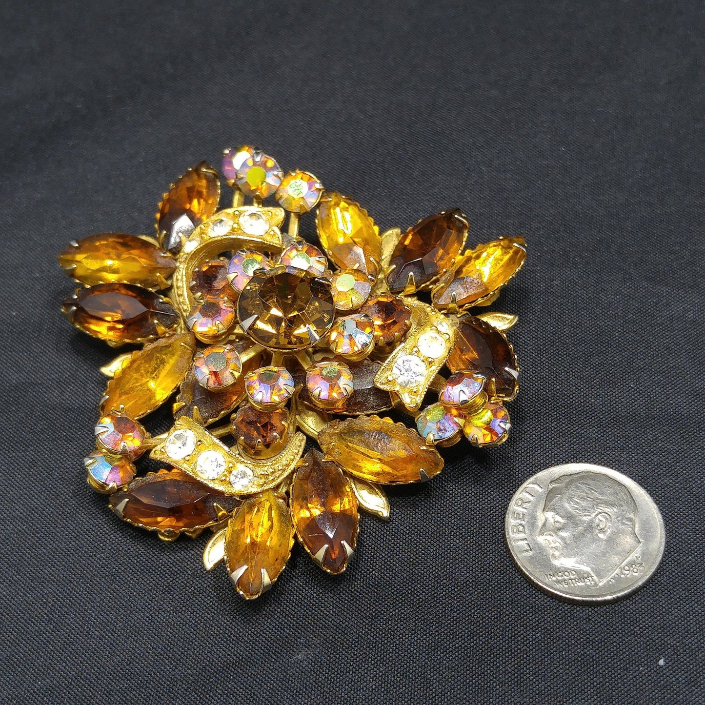 Fall Rhinestone Ribbon Brooch, Topaz Rhinestones, Aurora Borealis, 1950s Vintage Jewelry