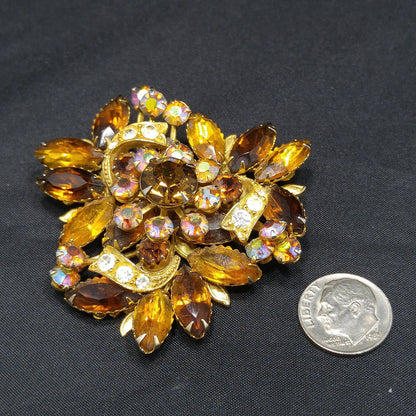 Fall Rhinestone Ribbon Brooch, Topaz Rhinestones, Aurora Borealis, 1950s Vintage Jewelry