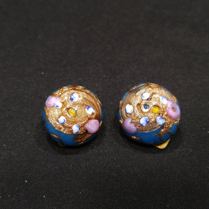 Vintage Italian Wedding Cake Clip Earrings, Blue Pink Roses  1940s