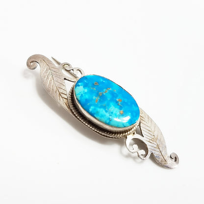 Sterling Silver Turquoise Gemstone Brooch, Bevel Set Stone, Artisan 1960s