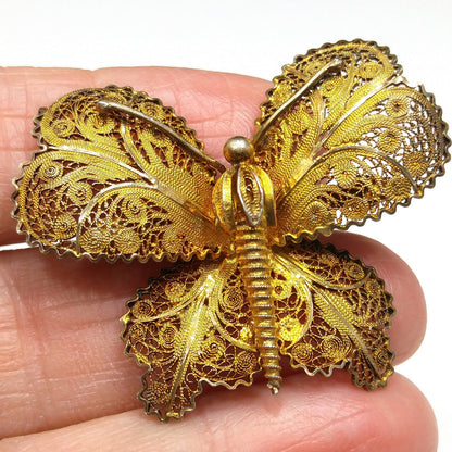 Vintage Topazio Portugal 925 Vermeil Filigree Butterfly Brooch 1940s