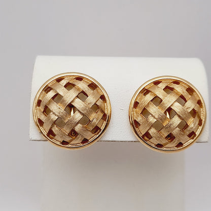 Vintage Crown Trifari Basketweave Clip Earrings – Gold Plated Designer Jewelry