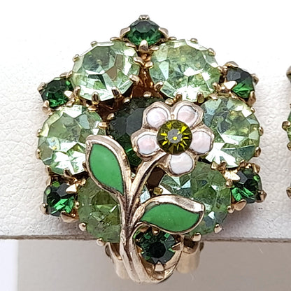Vintage Weiss Green Rhinestones Floral Clip Earrings, 1960s