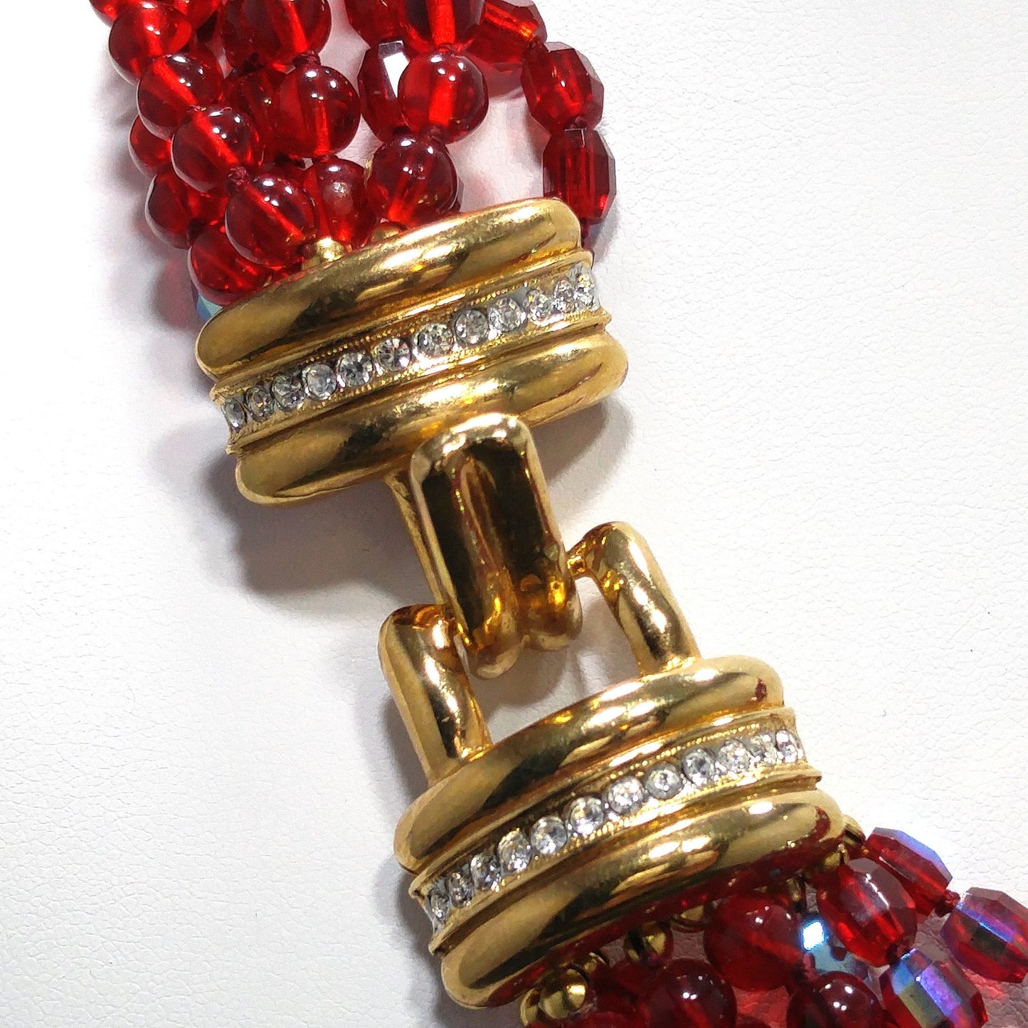 Vintage Stannard Red Glass Bead Necklace Earrings Set Gold Rhinestone Clasp 1970s
