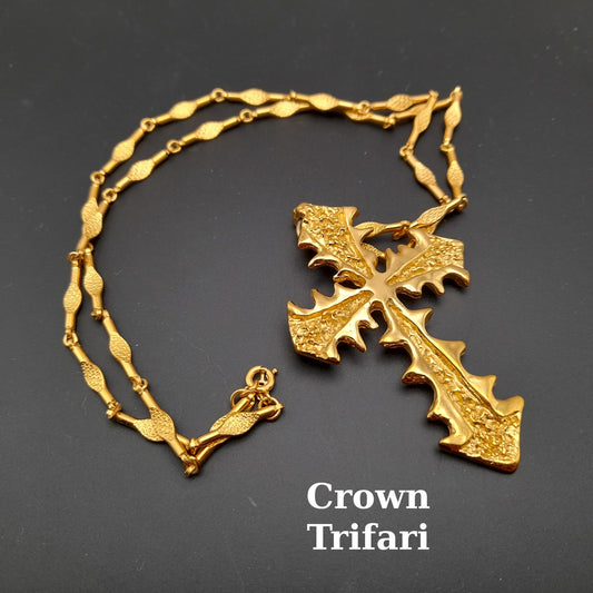 Vintage Crown Trifari Cross Pendant Necklace – Large Gold Tone Mid-Century Statement Jewelry