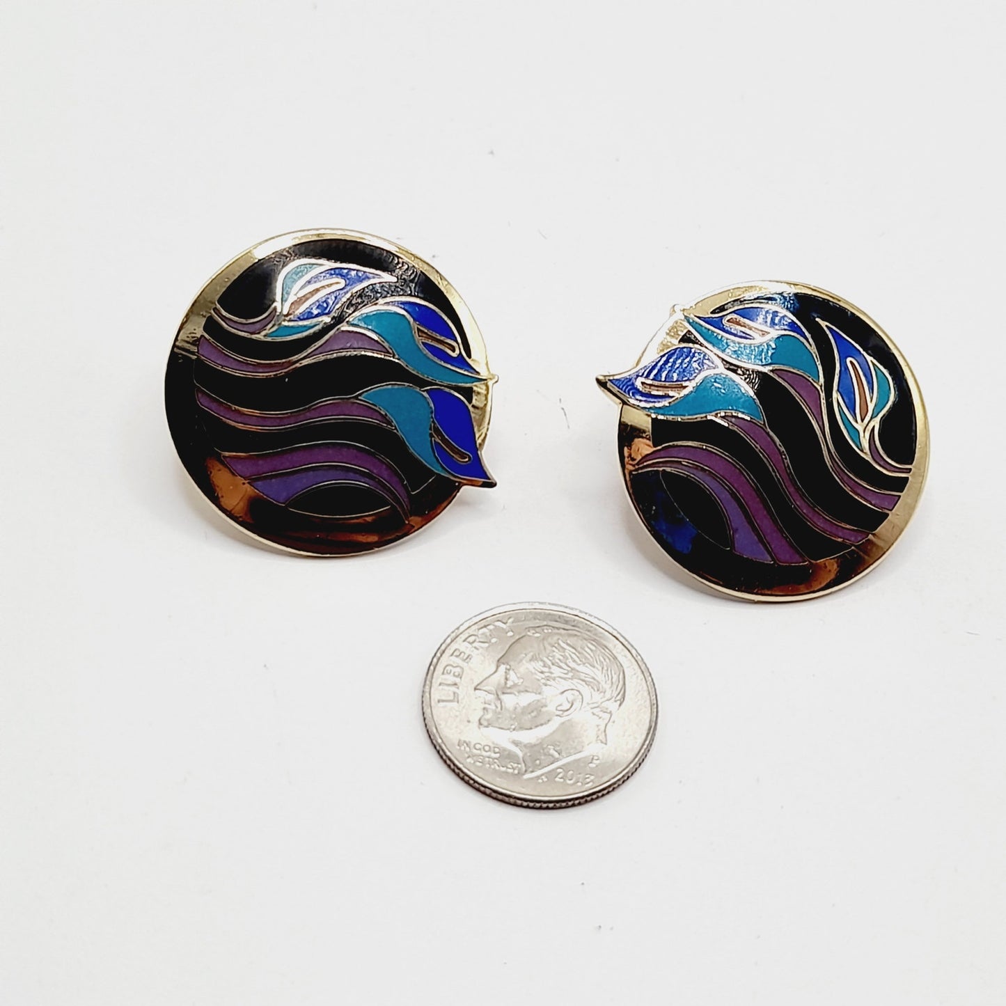 Vintage Laurel Burch "Lilies for Les" Post Earrings - Purple Blue Enamel - Gold Plated - 1 Inch