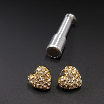 Vintage Swarovski Swan Logo Heart Earrings Clear Pave Rhinestones Gold 1980s