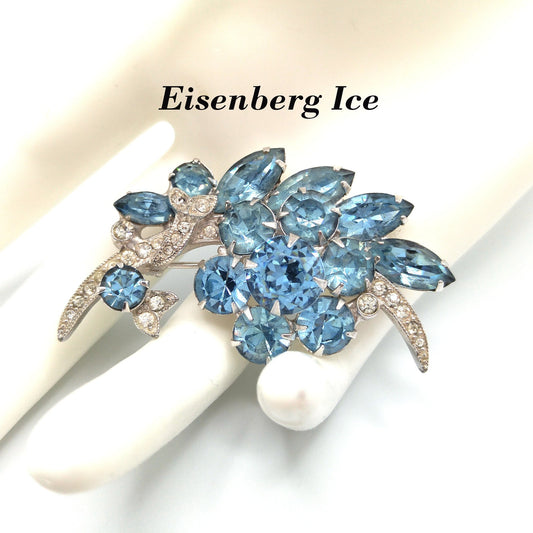 Eisenberg Ice Light Blue Floral Brooch, Rhodium Plated, 1960s Vintage Jewelry