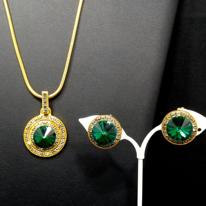 Vintage Green Rivoli Necklace & Earrings, Pave Clear Rhinestones, 1970s Vintage Jewelry