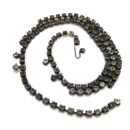 Kramer Black Diamond Rhinestone Choker Necklace, Dark Green Glass, 1950s Vintage Jewelry