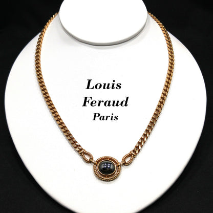 Louis Feraud Paris Gold Plated Pendant Necklace, Hematite Pendant, 1970s Vintage Jewelry