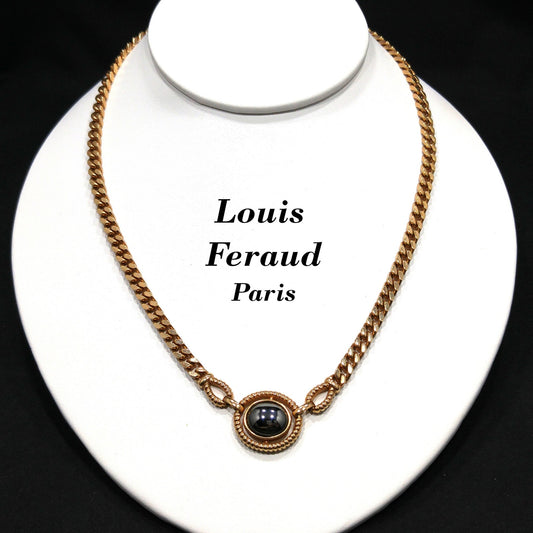 Louis Feraud Paris Gold Plated Pendant Necklace, Hematite Pendant, 1970s Vintage Jewelry