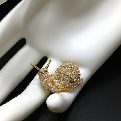 Bijoux Cascio Snail Small Brooch, Pave Clear Rhinestones, Green Eyes, 1970s Vintage Jewelry