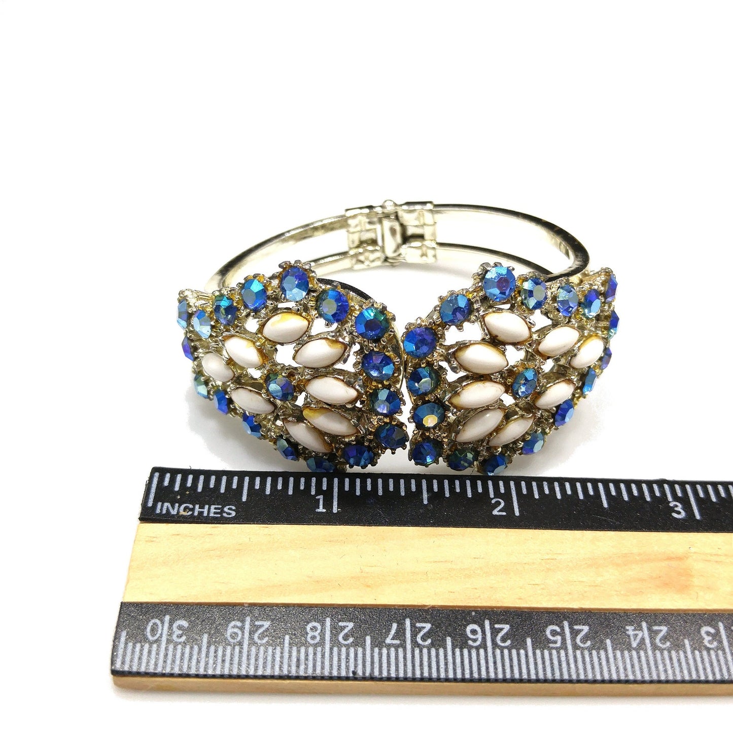 Vintage Blue Aurora Borealis Rhinestone Milk Glass Clamper Bracelet 1960s