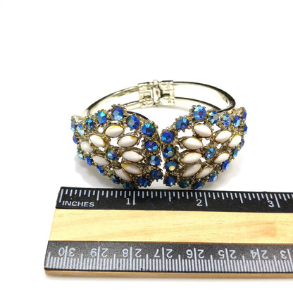 Vintage Blue Aurora Borealis Rhinestone Milk Glass Clamper Bracelet 1960s