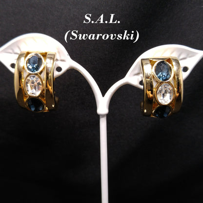 Vintage S.A.L. Swarovski Blue & Clear Rhinestone Clip Earring Hoops