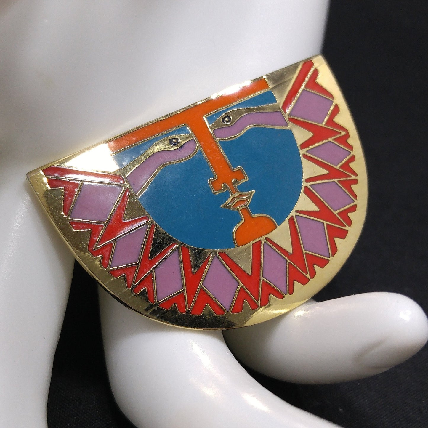 Laurel Burch "Sunface" Brooch, Snake Eyes, Gold Plated, 1980s Vintage Jewelry