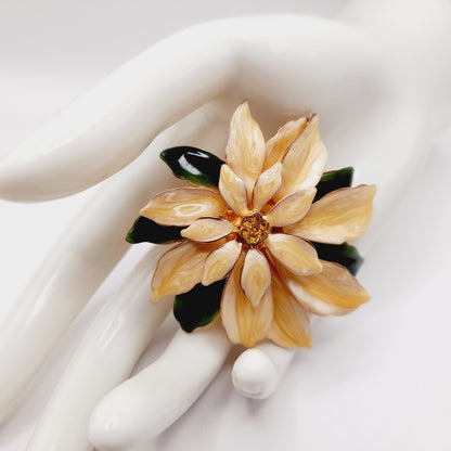 Vintage 1960s Peachy White Green Enamel Poinsettia Brooch