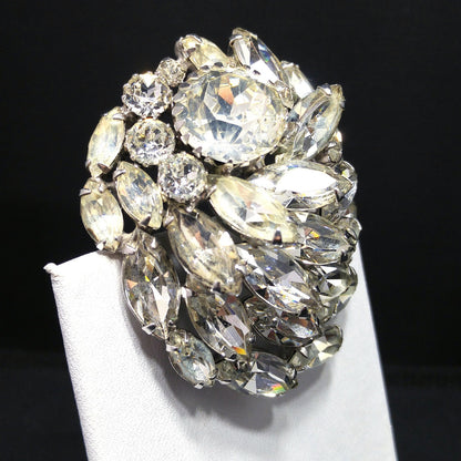 Weiss Clear Rhinestone Brooch and Long Dangle Earrings Set – 1950s Rhodium Plated