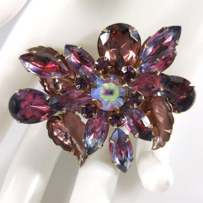 Judy Lee Purple Molded Leaves Brooch, Aurora Borealis Rhinestones, 1950s Vintage Jewelry