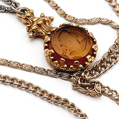 Vintage Goldette Three Layering Strands Intaglio Cameo Pendant Necklace