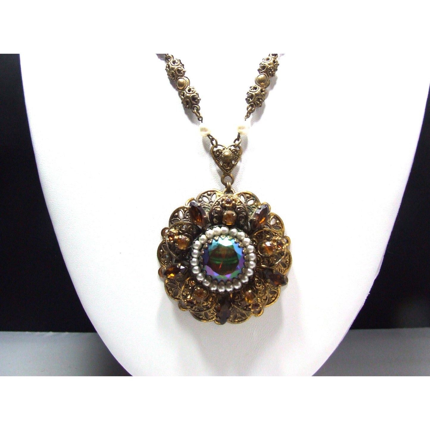 West Germany Carnival Glass Topaz Rhinestone Necklace, Faux Pearls, Filigree 1950s Vintage Jewelry